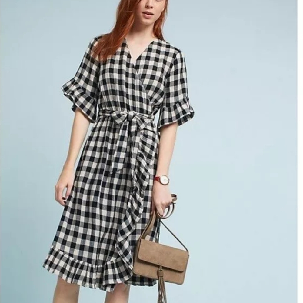 Anthropologie Isabella Sinclair Mildred black white Gingham Wrap Dress womens XL